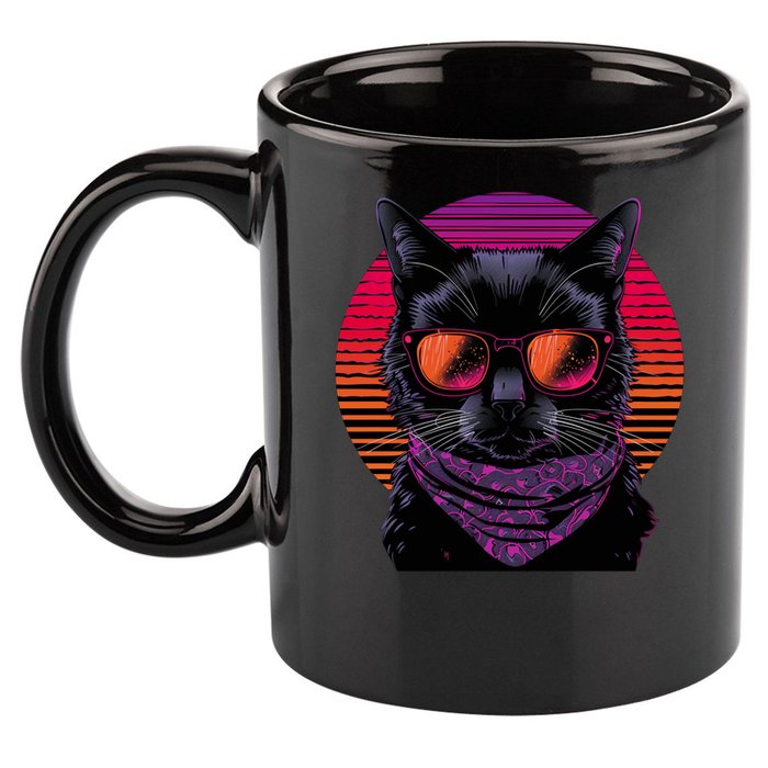 Retro Aesthetic Sunset Feline for Cat Lovers 11oz C Handle Ceramic Mug
