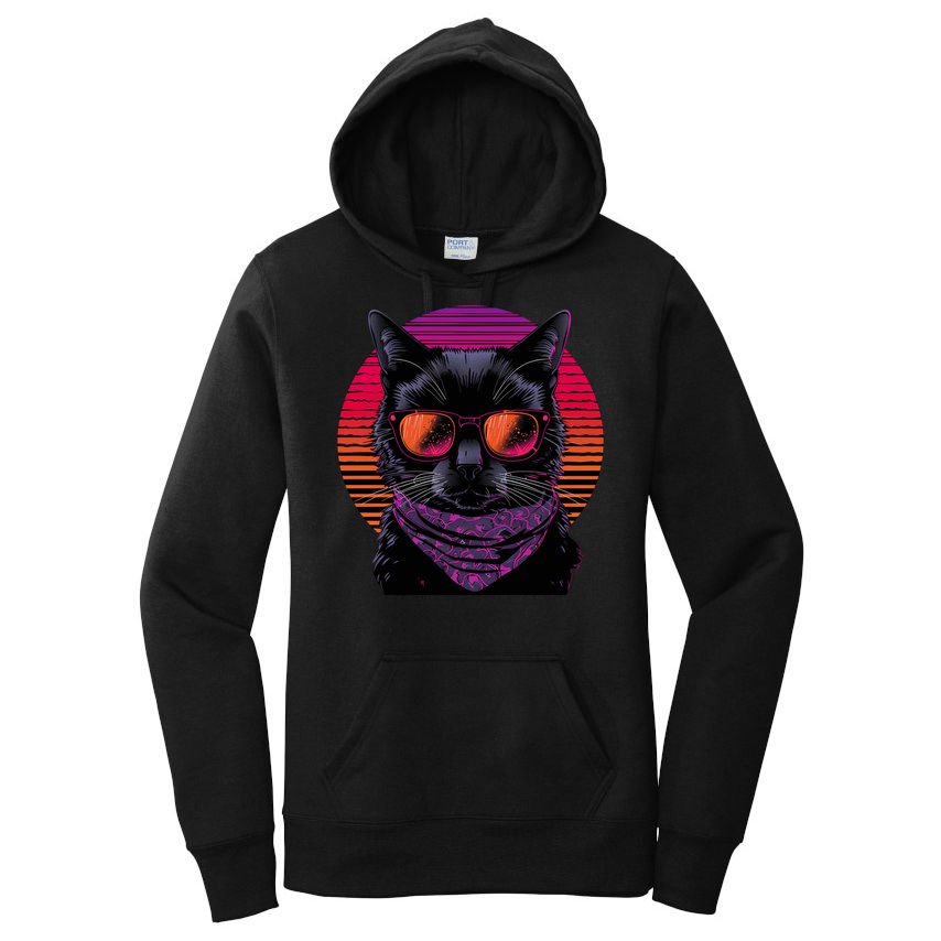 Retro Aesthetic Sunset Feline for Cat Lovers Women's Pullover Hoodie
