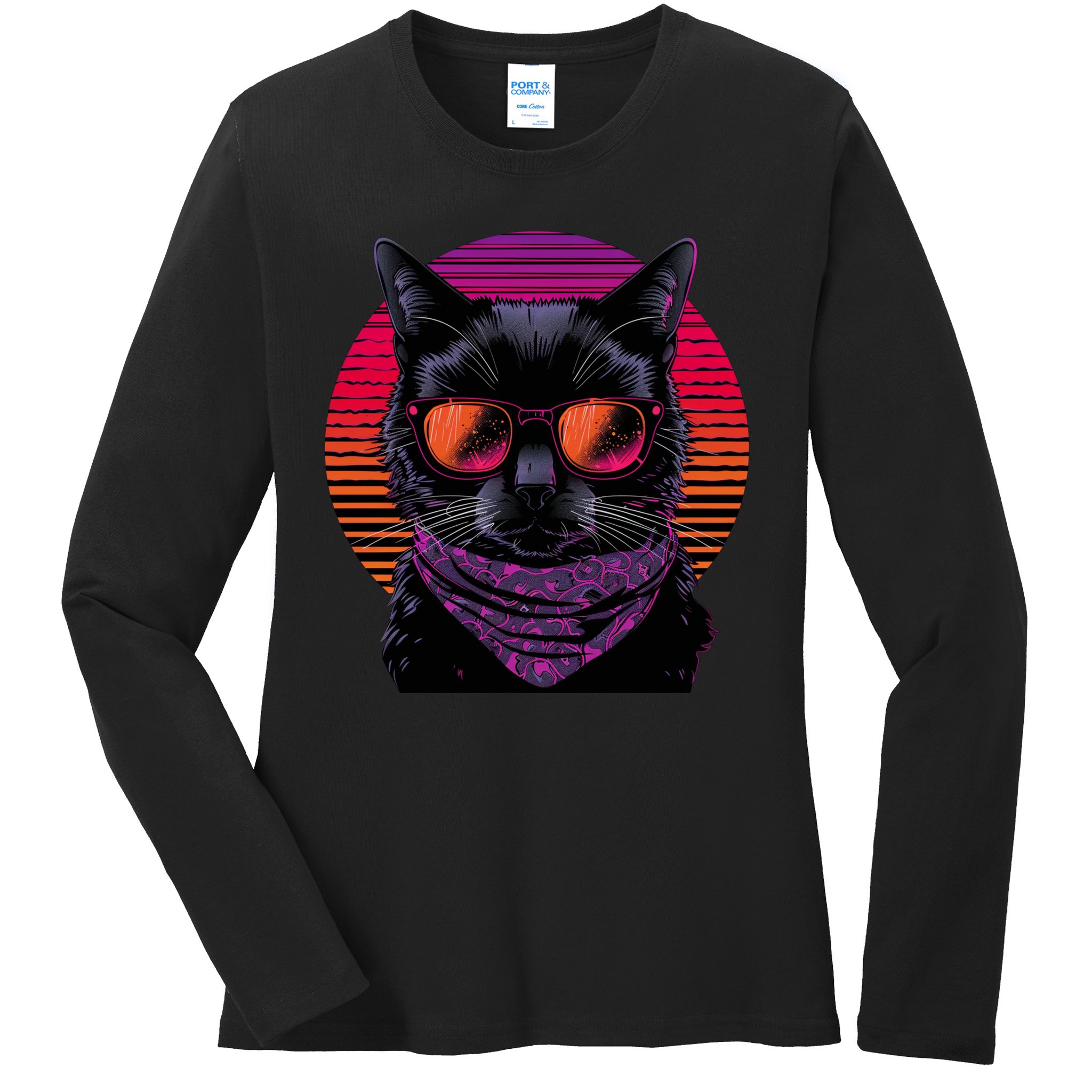 Retro Aesthetic Sunset Feline for Cat Lovers Ladies Long Sleeve Shirt