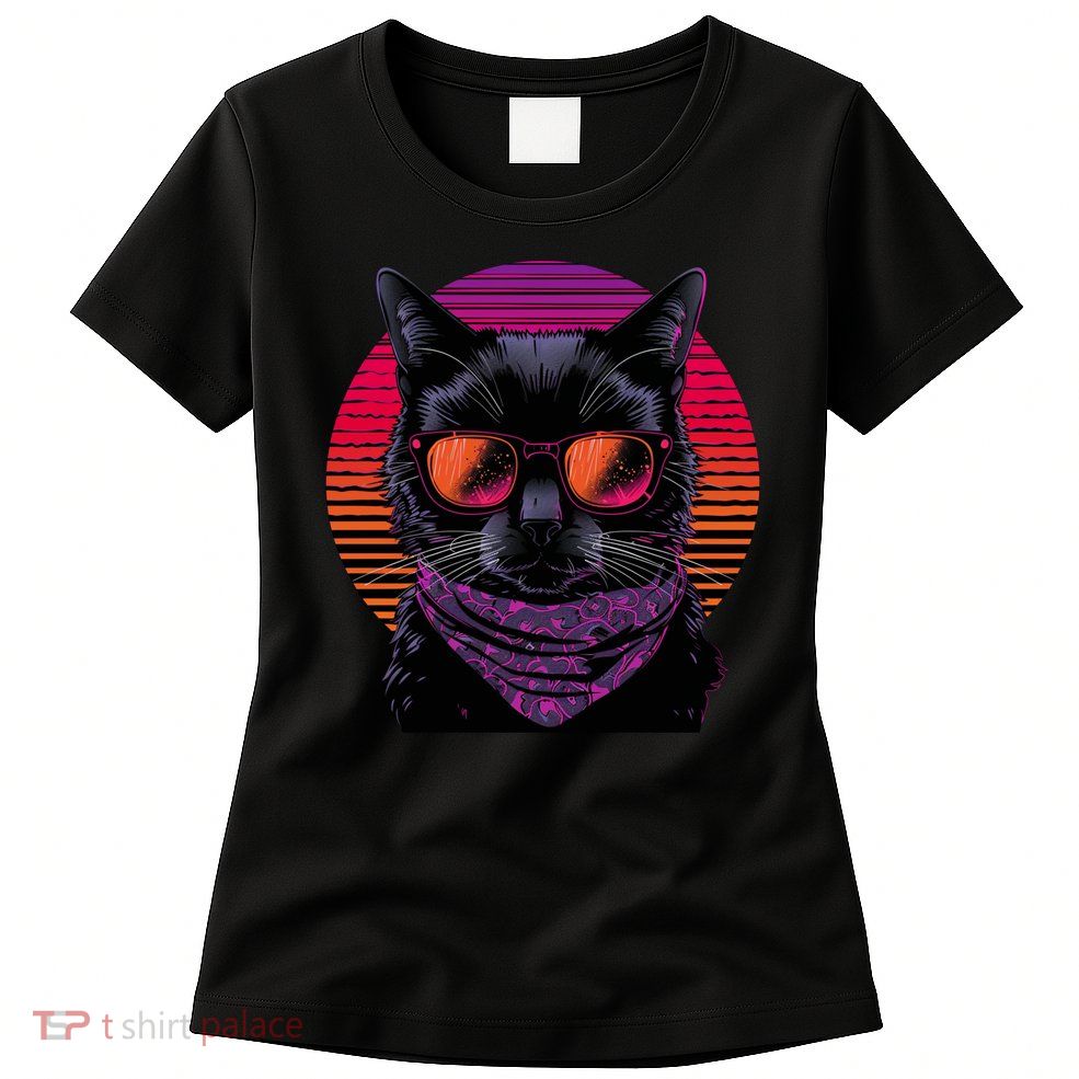 Retro Aesthetic Sunset Feline for Cat Lovers Womens T-Shirt
