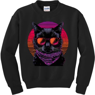 Retro Aesthetic Sunset Feline for Cat Lovers Kids Sweatshirt