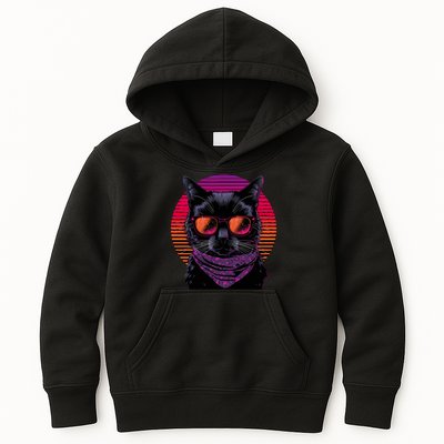 Retro Aesthetic Sunset Feline for Cat Lovers Kids Hoodie
