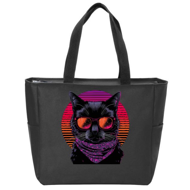 Retro Aesthetic Sunset Feline for Cat Lovers Zip Tote Bag