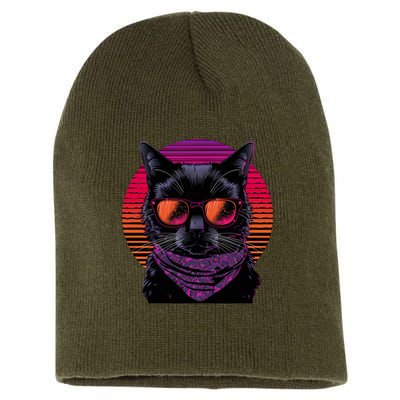 Retro Aesthetic Sunset Feline for Cat Lovers Short Acrylic Beanie