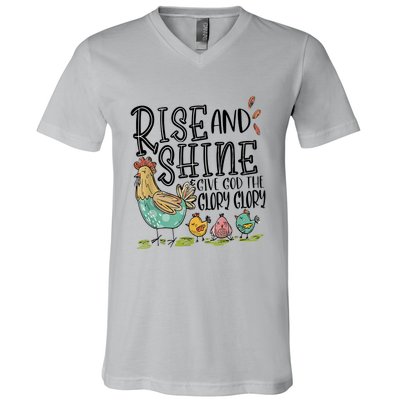 Rise And Shine Give God The Glory Funny Chicken Christian V-Neck T-Shirt