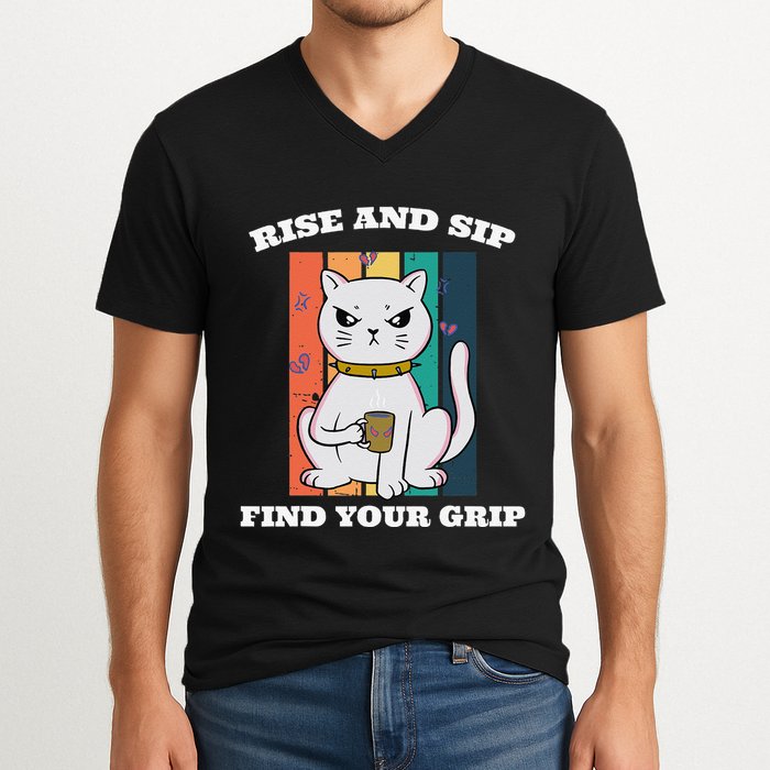 Rise And Sip Find Your Grip Funny Caffeine Coffee V-Neck T-Shirt