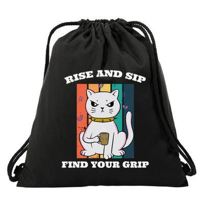 Rise And Sip Find Your Grip Funny Caffeine Coffee Drawstring Bag