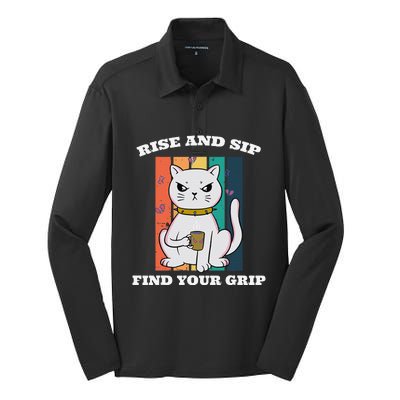 Rise And Sip Find Your Grip Funny Caffeine Coffee Silk Touch Performance Long Sleeve Polo