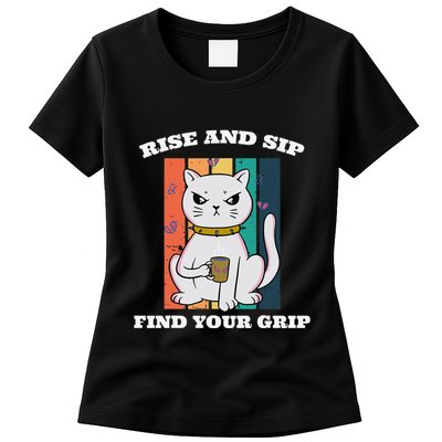 Rise And Sip Find Your Grip Funny Caffeine Coffee Womens T-Shirt