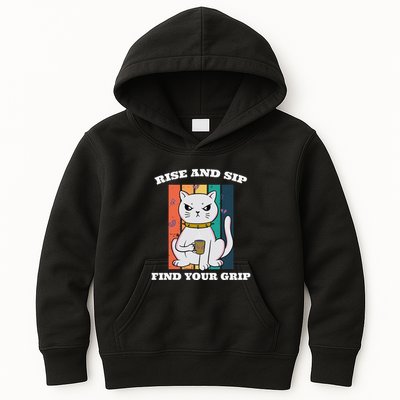 Rise And Sip Find Your Grip Funny Caffeine Coffee Kids Hoodie