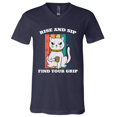 Rise And Sip Find Your Grip Funny Caffeine Coffee V-Neck T-Shirt