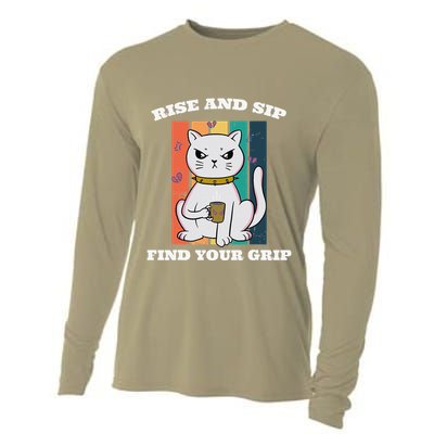 Rise And Sip Find Your Grip Funny Caffeine Coffee Cooling Performance Long Sleeve Crew