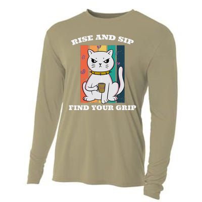 Rise And Sip Find Your Grip Funny Caffeine Coffee Cooling Performance Long Sleeve Crew