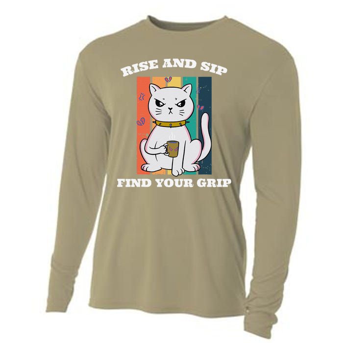 Rise And Sip Find Your Grip Funny Caffeine Coffee Cooling Performance Long Sleeve Crew