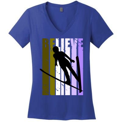 Retro Alpine Ski Jumping Jumper Female Competition Vintage Gift Women's V-Neck T-Shirt