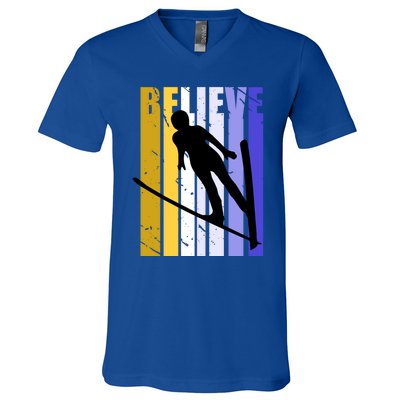 Retro Alpine Ski Jumping Jumper Female Competition Vintage Funny Gift V-Neck T-Shirt