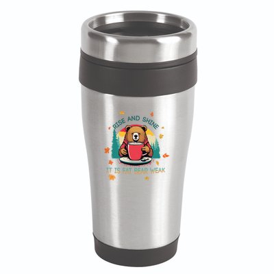 Rise And Shine Fat Bear Week Cute Bear Drinking Coffee Groggy Bear Retro Sunset 16oz Travel Tumbler