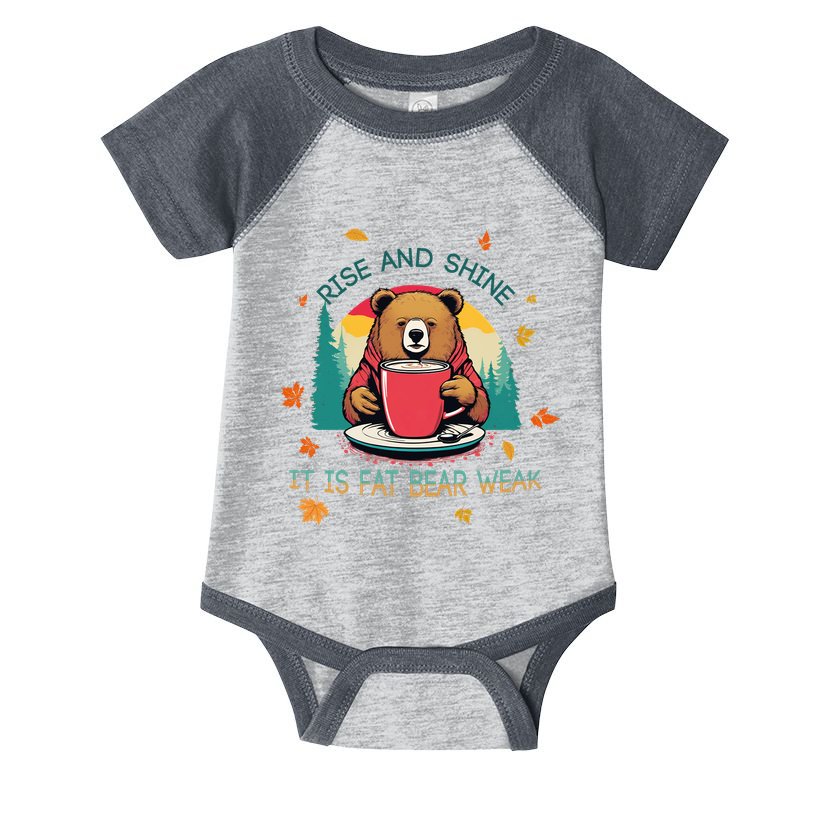 Rise And Shine Fat Bear Week Cute Bear Drinking Coffee Groggy Bear Retro Sunset Infant Baby Jersey Bodysuit