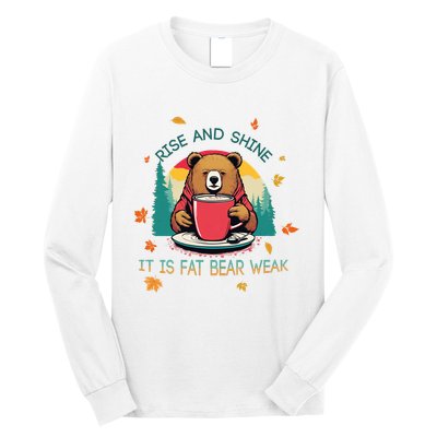 Rise And Shine Fat Bear Week Cute Bear Drinking Coffee Groggy Bear Retro Sunset Long Sleeve Shirt