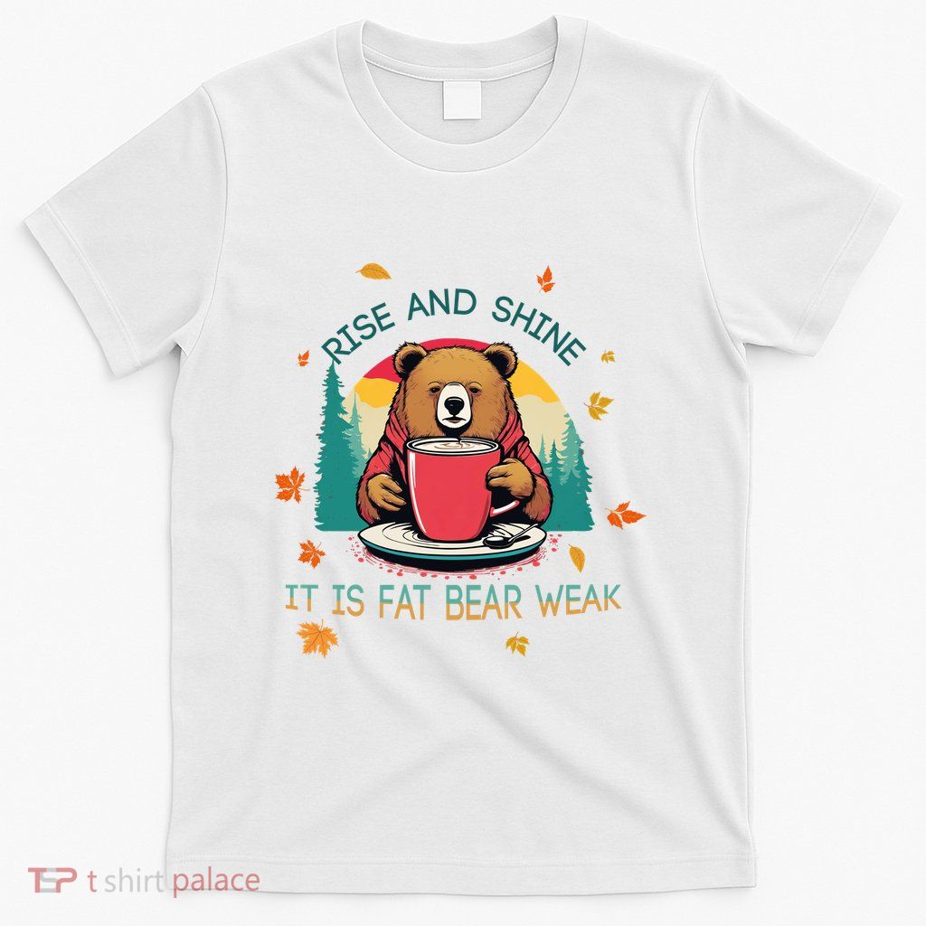 Rise And Shine Fat Bear Week Cute Bear Drinking Coffee Groggy Bear Retro Sunset T-Shirt