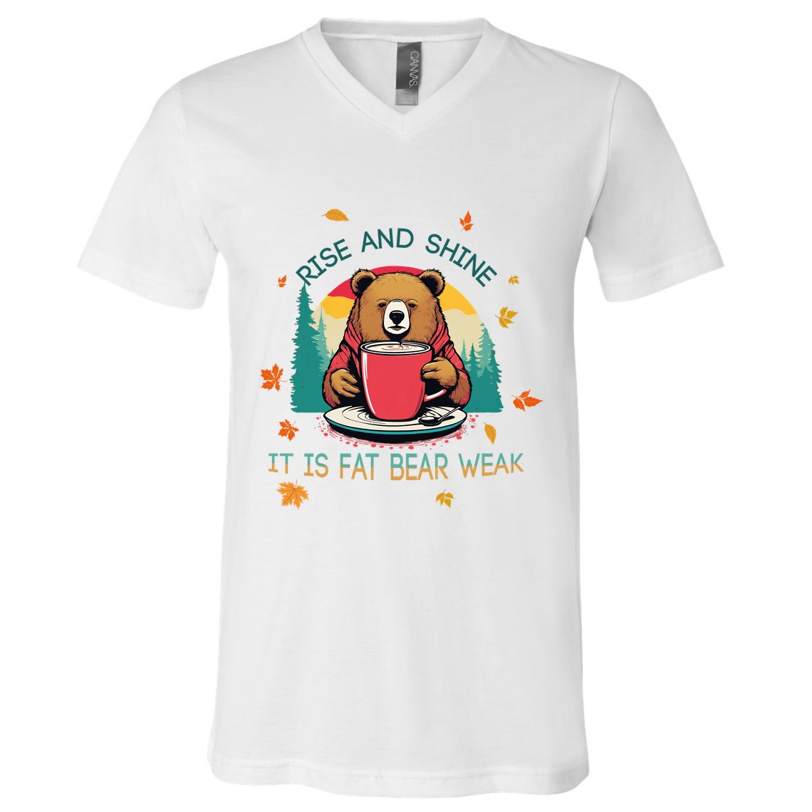 Rise And Shine Fat Bear Week Cute Bear Drinking Coffee Groggy Bear Retro Sunset V-Neck T-Shirt