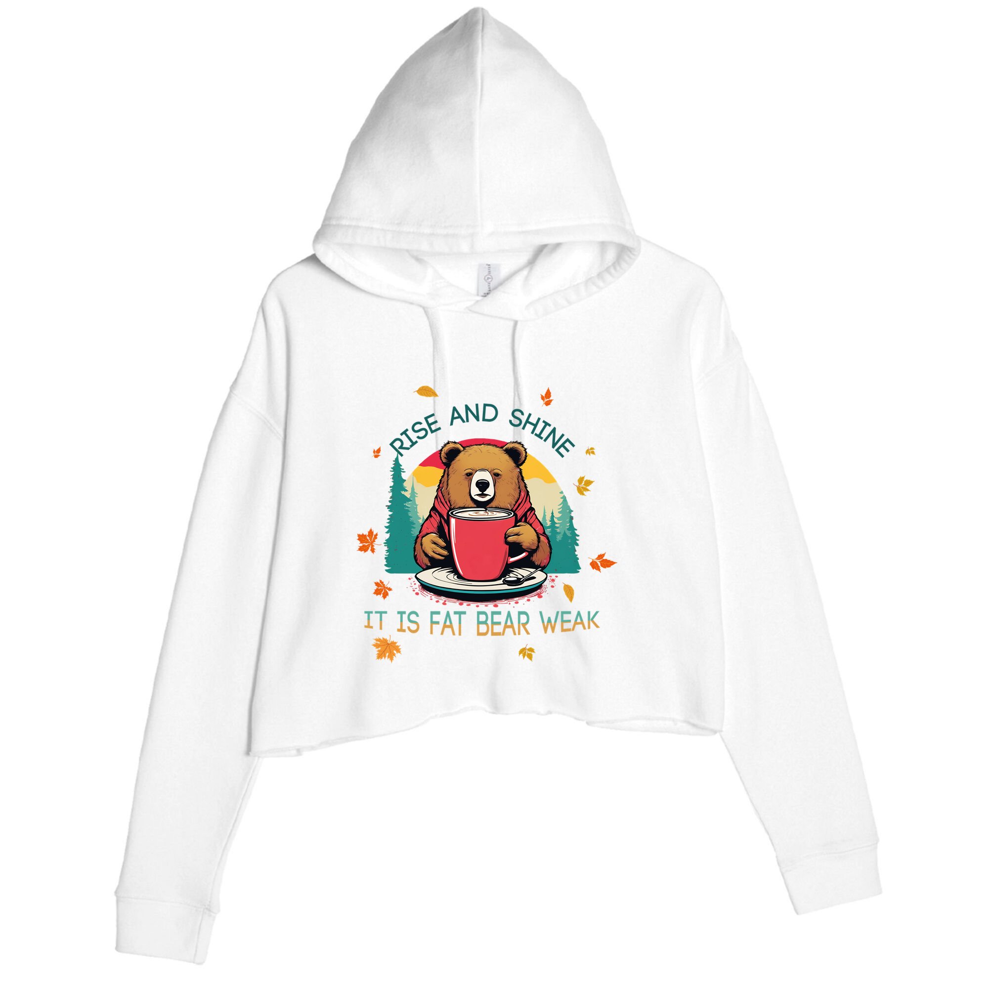 Rise And Shine Fat Bear Week Cute Bear Drinking Coffee Groggy Bear Retro Sunset Crop Fleece Hoodie