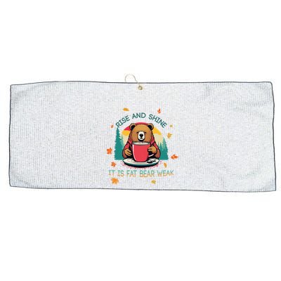 Rise And Shine Fat Bear Week Cute Bear Drinking Coffee Groggy Bear Retro Sunset Large Microfiber Waffle Golf Towel