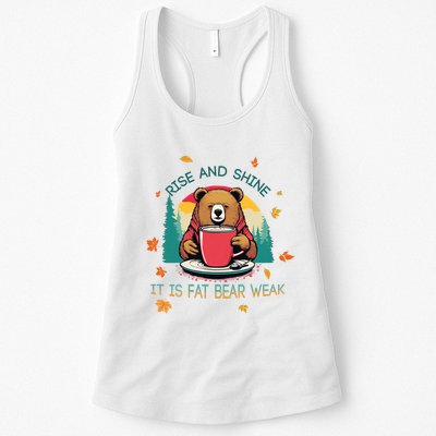 Rise And Shine Fat Bear Week Cute Bear Drinking Coffee Groggy Bear Retro Sunset Womens Tank Top