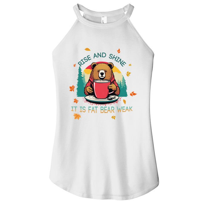 Rise And Shine Fat Bear Week Cute Bear Drinking Coffee Groggy Bear Retro Sunset Women's Perfect Tri Rocker Tank