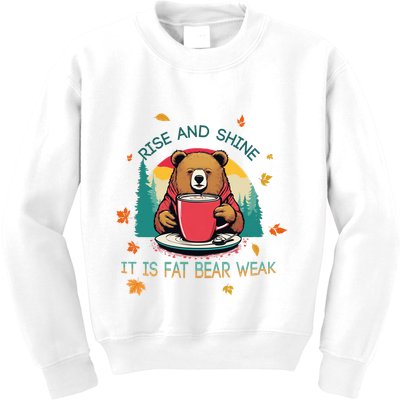 Rise And Shine Fat Bear Week Cute Bear Drinking Coffee Groggy Bear Retro Sunset Kids Sweatshirt