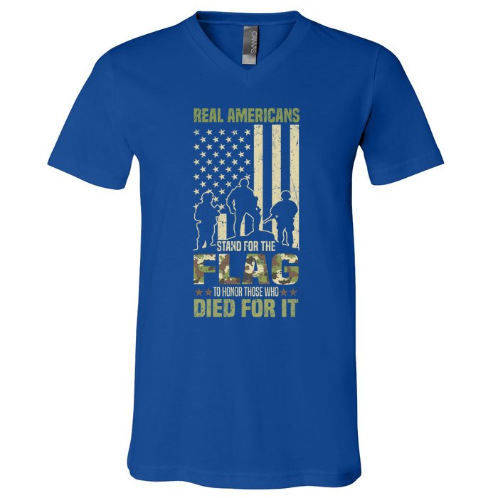 Real Americans Stand For Flag Meaningful Gift Us Veteran Veterans Day Great Gift V-Neck T-Shirt