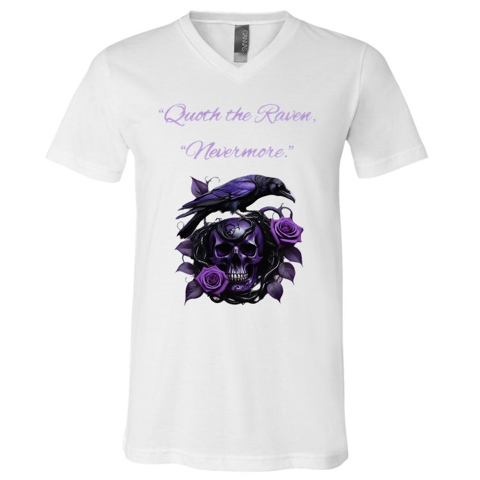 Raven And Skull With Roses Quoth The Raven V-Neck T-Shirt