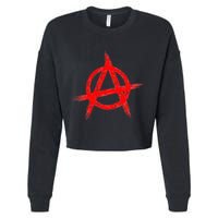 Red Anarchist Symbol Distressed Political Anarchy Rock Star Cropped Pullover Crew