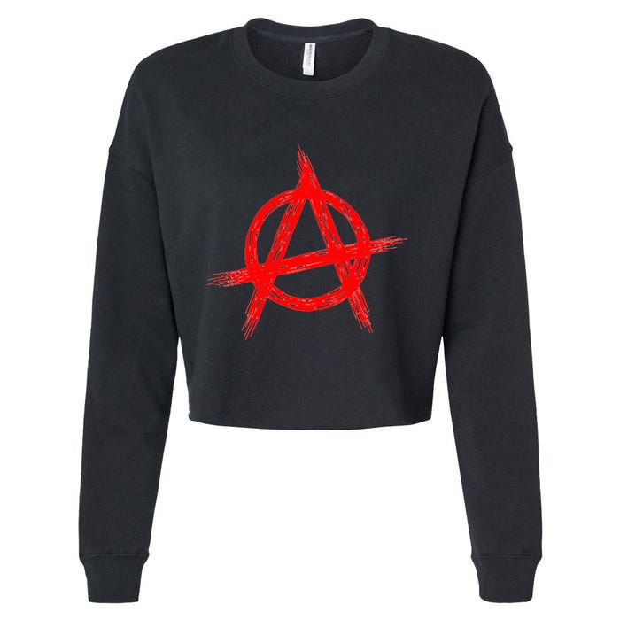 Red Anarchist Symbol Distressed Political Anarchy Rock Star Cropped Pullover Crew