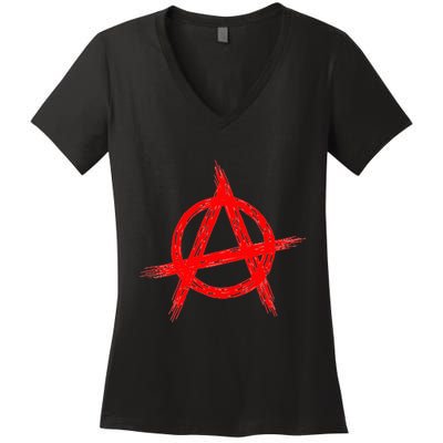 Red Anarchist Symbol Distressed Political Anarchy Rock Star Women's V-Neck T-Shirt
