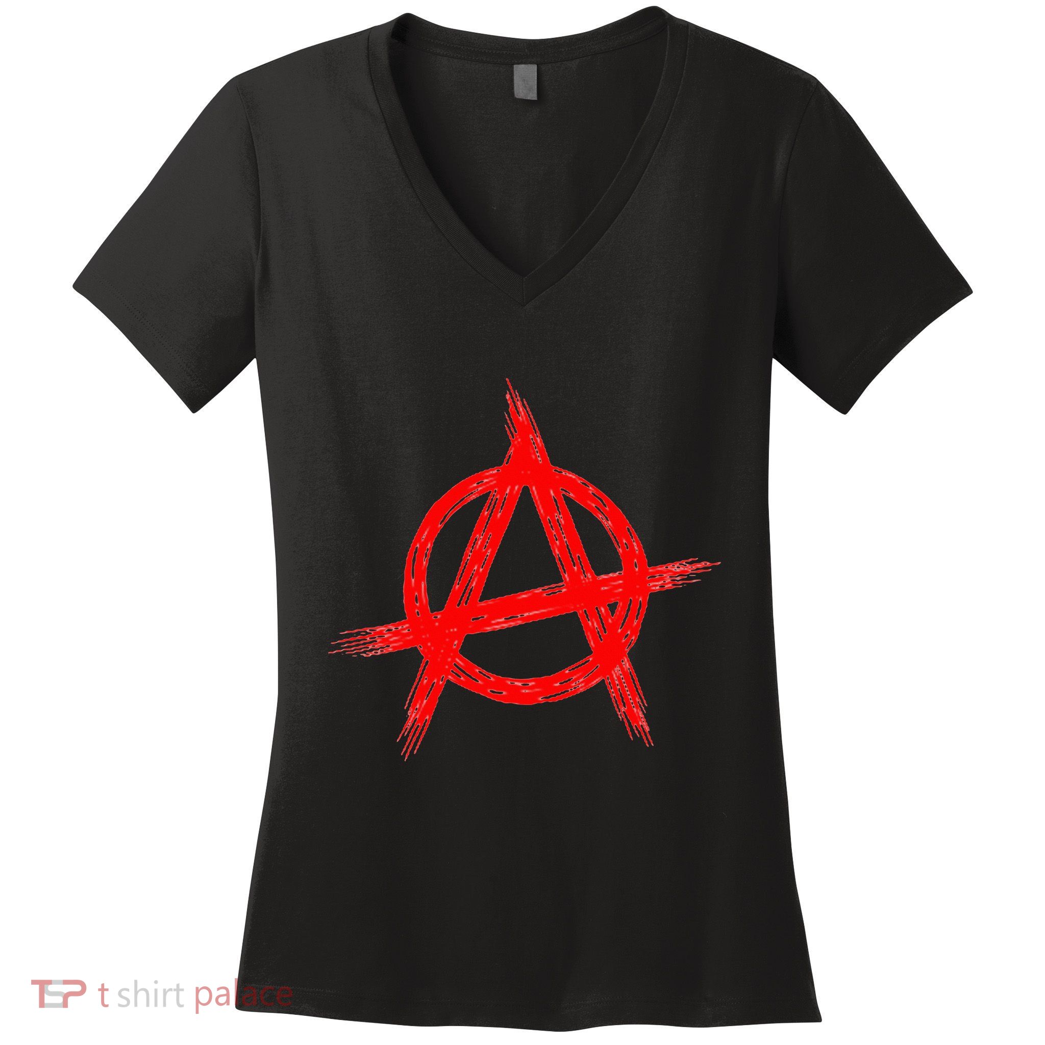 Red Anarchist Symbol Distressed Political Anarchy Rock Star Women's V-Neck T-Shirt