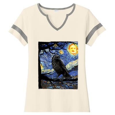 Raven Art Starry Night Edgar Allan Poe Raven Poe Ladies Halftime Notch Neck Tee