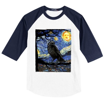 Raven Art Starry Night Edgar Allan Poe Raven Poe Baseball Sleeve Shirt