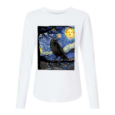 Raven Art Starry Night Edgar Allan Poe Raven Poe Womens Cotton Relaxed Long Sleeve T-Shirt