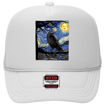 Raven Art Starry Night Edgar Allan Poe Raven Poe High Crown Mesh Back Trucker Hat