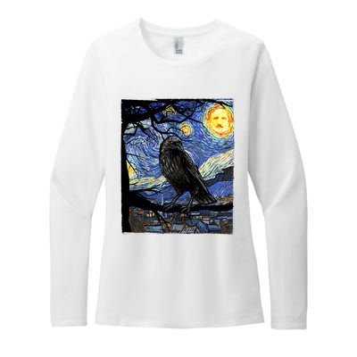 Raven Art Starry Night Edgar Allan Poe Raven Poe Womens CVC Long Sleeve Shirt