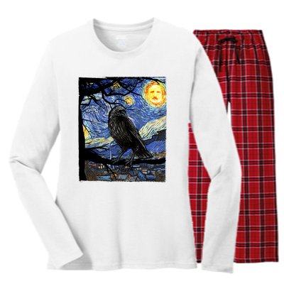 Raven Art Starry Night Edgar Allan Poe Raven Poe Women's Long Sleeve Flannel Pajama Set 