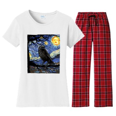 Raven Art Starry Night Edgar Allan Poe Raven Poe Women's Flannel Pajama Set