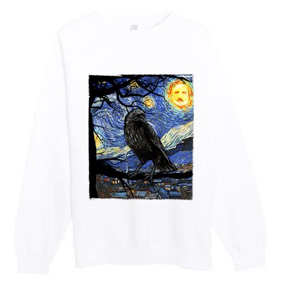 Raven Art Starry Night Edgar Allan Poe Raven Poe Premium Crewneck Sweatshirt