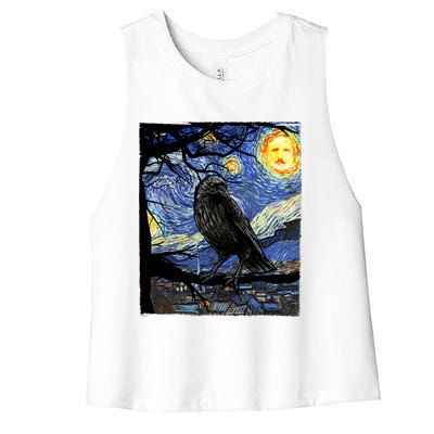 Raven Art Starry Night Edgar Allan Poe Raven Poe Women's Racerback Cropped Tank