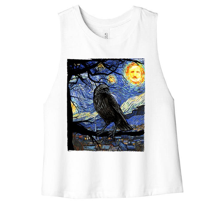 Raven Art Starry Night Edgar Allan Poe Raven Poe Women's Racerback Cropped Tank