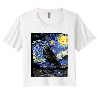 Raven Art Starry Night Edgar Allan Poe Raven Poe Women's Crop Top Tee