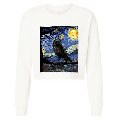 Raven Art Starry Night Edgar Allan Poe Raven Poe Cropped Pullover Crew