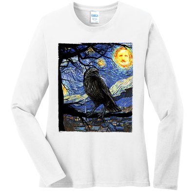 Raven Art Starry Night Edgar Allan Poe Raven Poe Ladies Long Sleeve Shirt