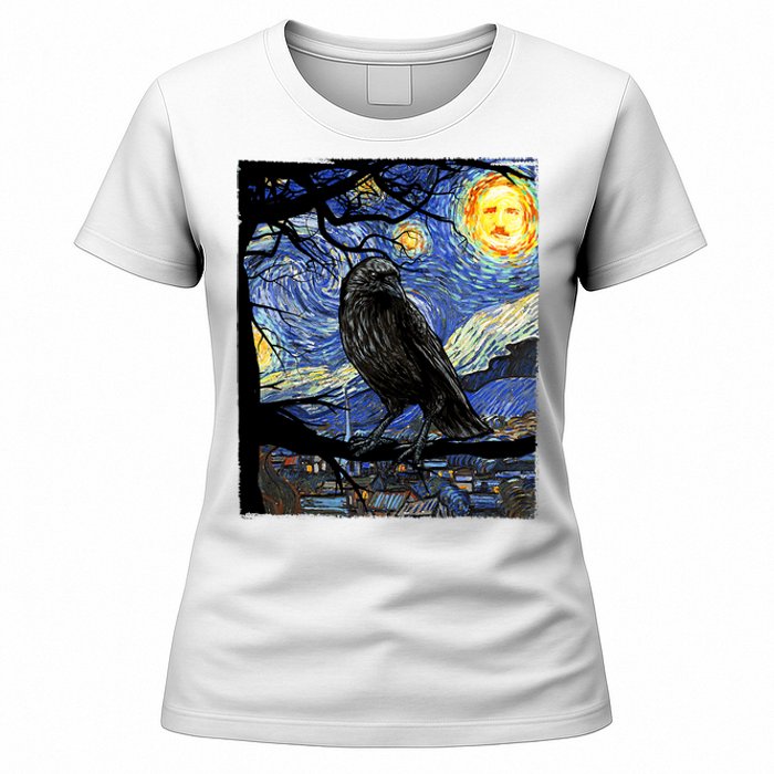 Raven Art Starry Night Edgar Allan Poe Raven Poe Women's T-Shirt